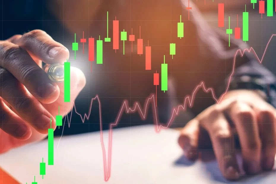 Stock market graph showing rising and falling trends with candlestick charts, financial data, and trading indicators on a digital screen