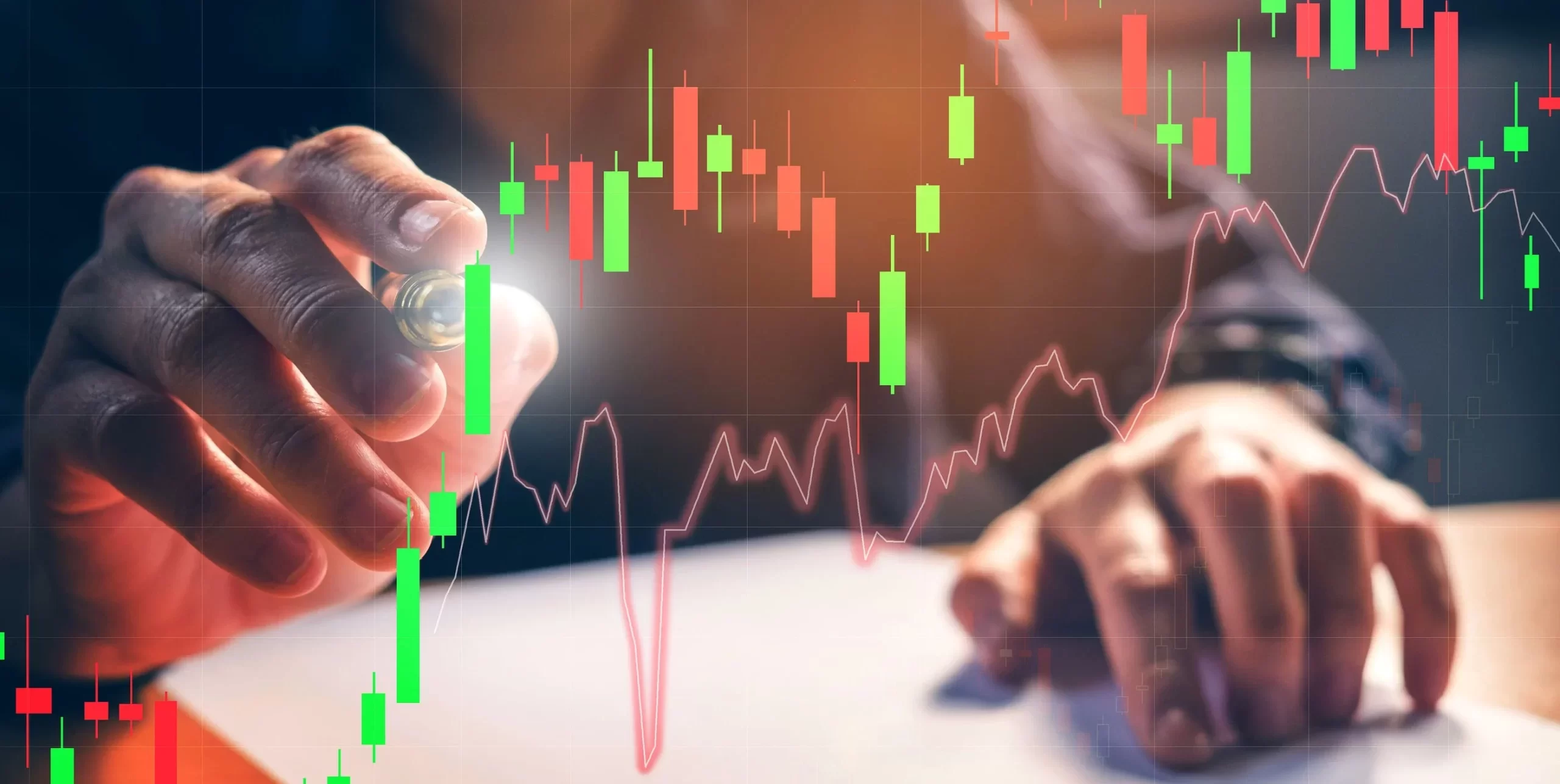 Stock market graph showing rising and falling trends with candlestick charts, financial data, and trading indicators on a digital screen